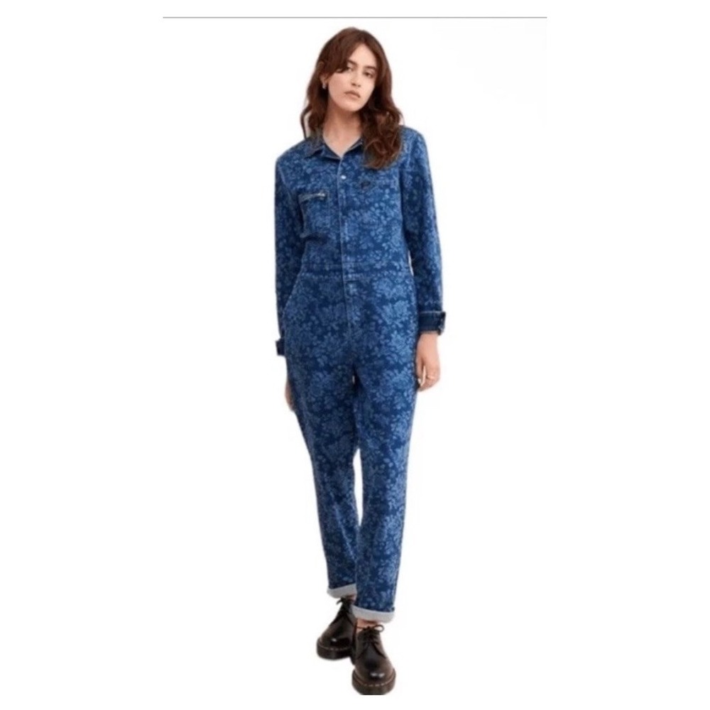 Lee Union Alls Denim Floral Print JEAN Jumpsuit Coveralls One Piece Size MED